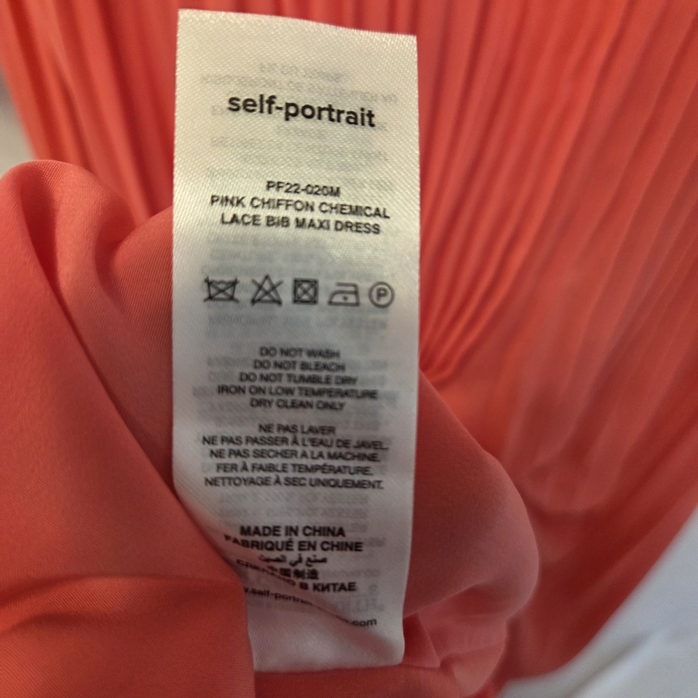 Self-Portrait Coral Pink Chiffon Lace Bib Maxi Pleated Dress – Size US 6 NWT - Picture 8 of 10